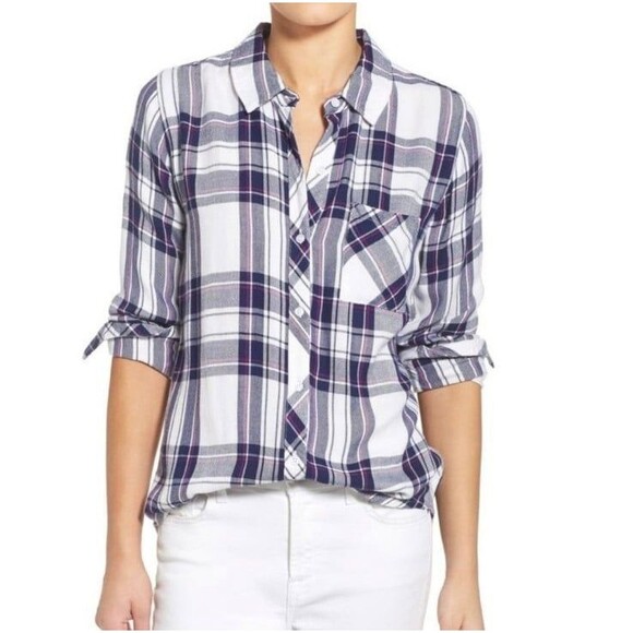 Revolve Rails Hunter Plaid Button Down Shirt White Navy & Orchid Sz S - Picture 2 of 12